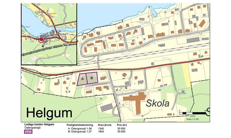 Karta över lediga tomter i Helgum. kartan innehåller mer info om pris, storlek och så vidare.