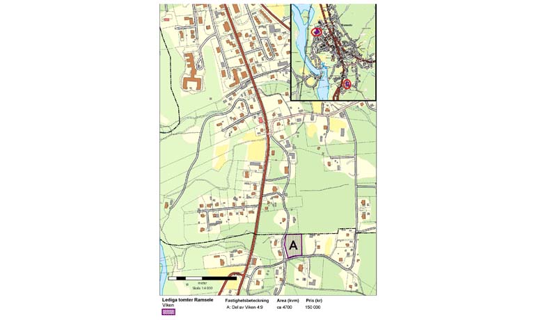 Karta över lediga tomter i Ramsele. kartan innehåller mer info om pris, storlek och så vidare.