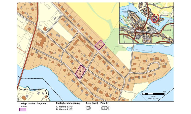Karta över lediga tomter i Långsele. kartan innehåller mer info om pris, storlek och så vidare.