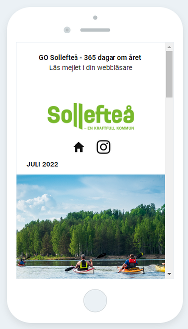 Bild på ett nyhetsbrev som skickas till privatpersoner, föreställer en bild med paddlare i Ångermanälven och text om att Sollefteå lever 365 dagar om året.