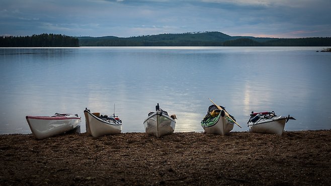 Fem kanoter i kvällsljuset, på en strand