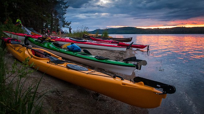 Flera kanoter på strandkanten i solnedgång